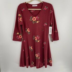 NWT Ana & Rose Popover Burgundy Embroidered Floral A Line 3/4 Sleeve Dress
